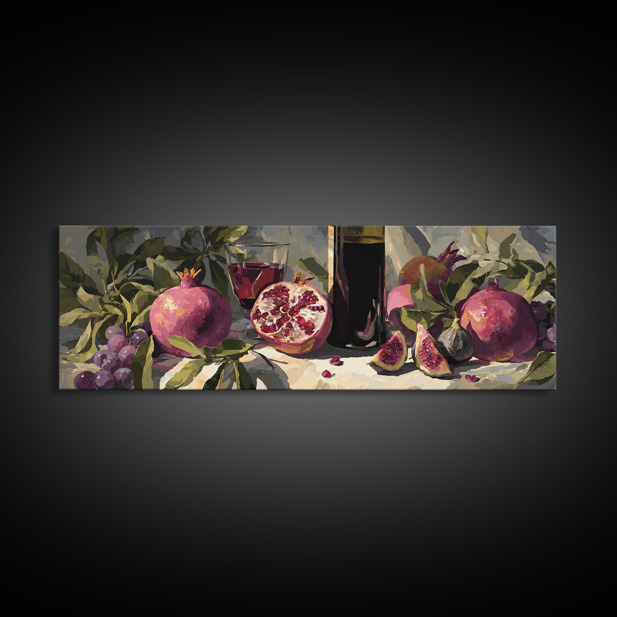 Pomegranate Figs and Red Wine Composition Framed Canvas Print, Winery Art, Living Room Art, Winery Decor, Fine Art, Vineyard, WIN-3x1-57