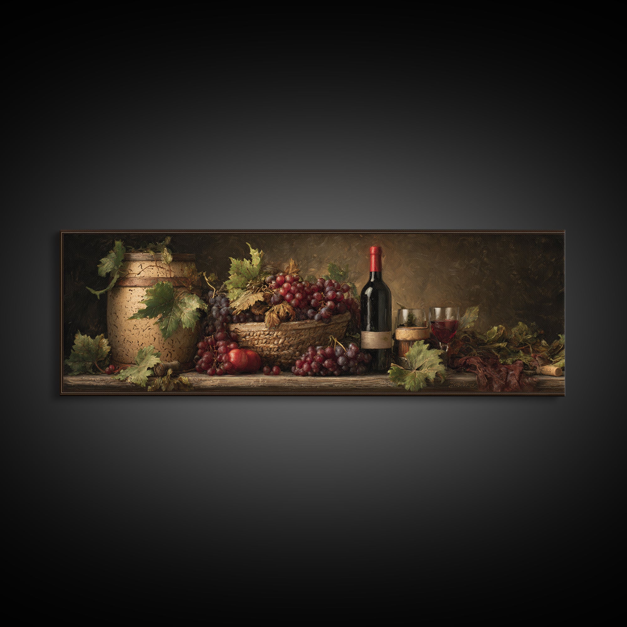 Wine Harvest Basket Canvas Print, Winery Art, Boho Decor, Winery Decor, Oil Painting, Vineyard, Art Print, Printable Wall Art, WIN-3x1-62