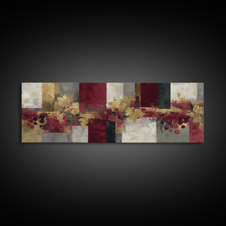 Burgundy Abstract with Gold Accents Framed Canvas Print, Winery Art, Contemporary Art, Winery Decor, Abstract Art, Vineyard, WIN-3x1-63
