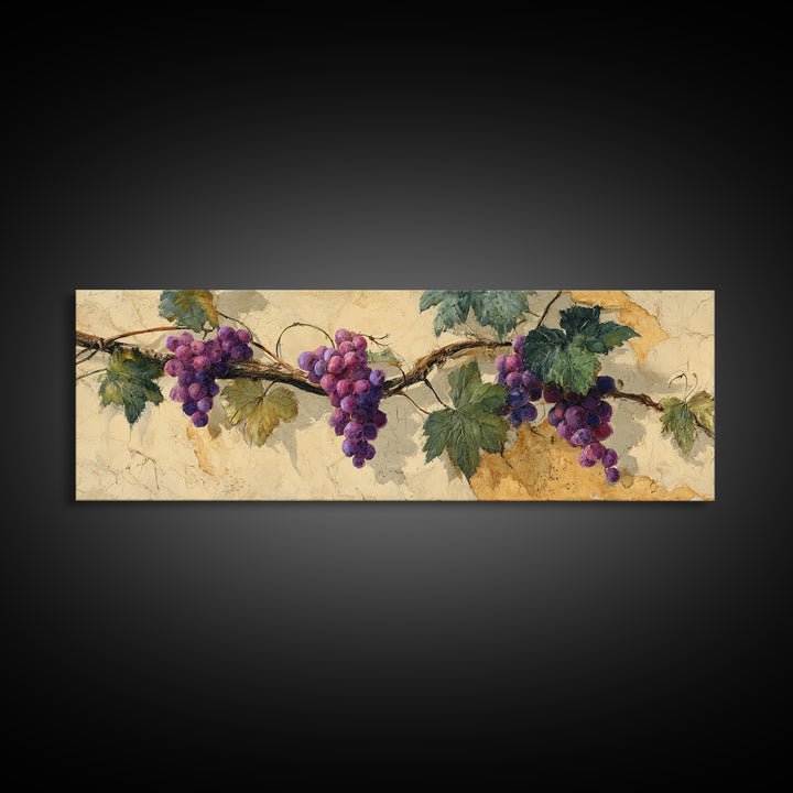 Grapevine Branch with Purple Grapes and Leaves Canvas Print, Winery Art, Cocktail Wall Art, Winery Decor, Fine Art, Vineyard, WIN-3x1-65
