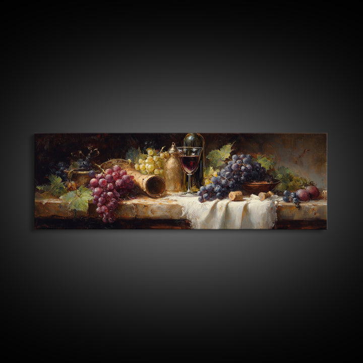 Champagne Grapes and White Linen Still Life Framed Canvas Print, Winery Art, Gallery Decor, Winery Decor, Fine Art, Vineyard, WIN-3x1-69