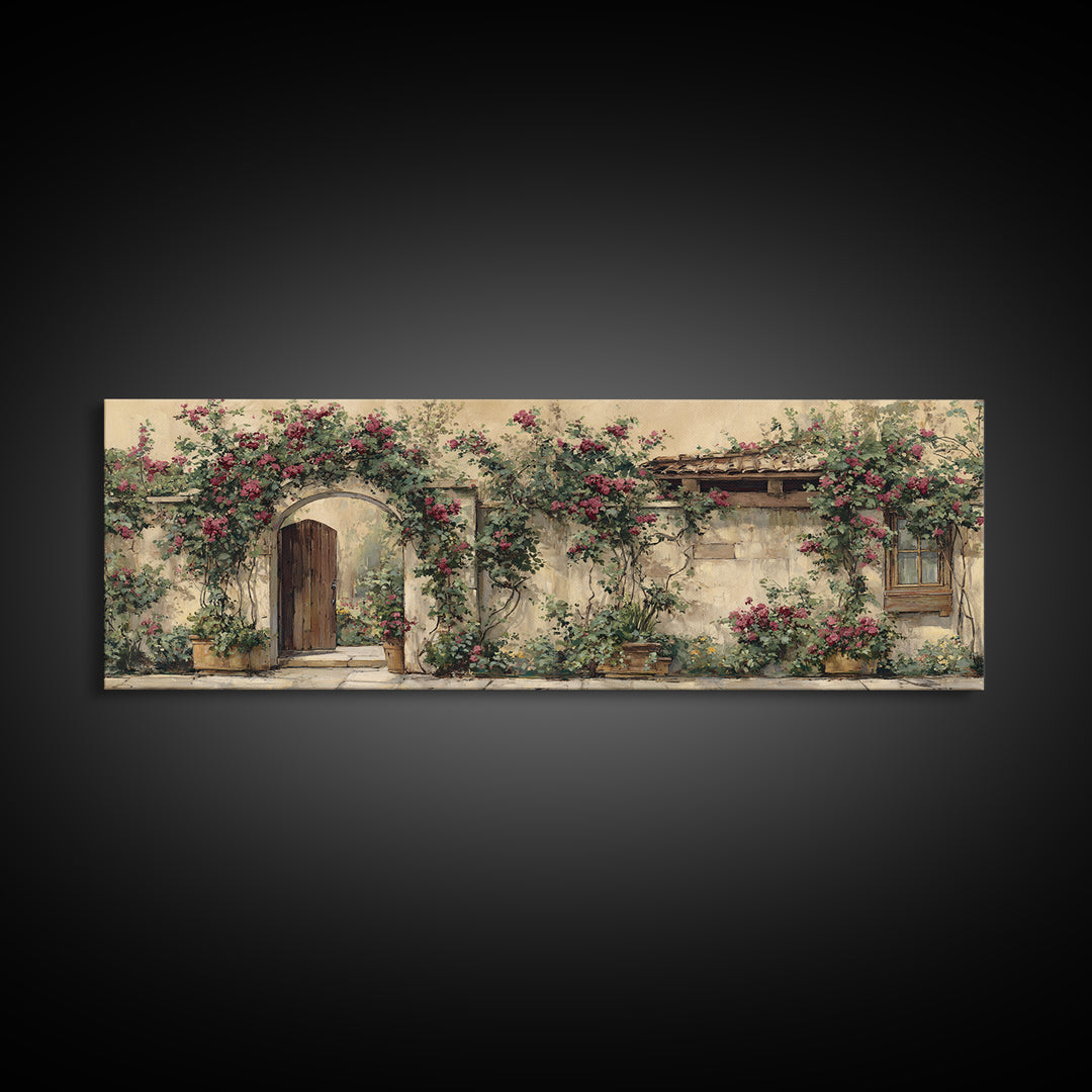 Vineyard Gate with Climbing Roses Framed Canvas Print, Winery Art, Statement Artwork, Winery Decor, Fine Art, Vineyard, WIN-3x1-7