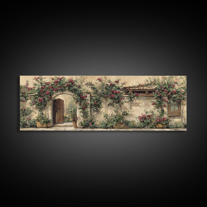 Vineyard Gate with Climbing Roses Framed Canvas Print, Winery Art, Statement Artwork, Winery Decor, Fine Art, Vineyard, WIN-3x1-7