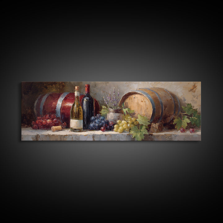Wine Barrel with Lavender and Sunlight Canvas Print, Winery Art, Wall Art, Winery Decor, Oil Painting, Vineyard, WIN-3x1-70