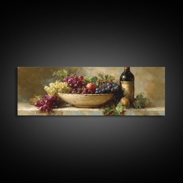 Grapes in a Ceramic Bowl with Shadows Framed Canvas Print, Winery Art, Neutral Decor, Winery Decor, Fine Art, Vineyard, WIN-3x1-73
