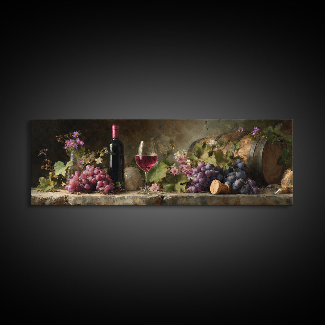 Ros Glass Beside Summer Flowers Canvas Print, Winery Art, Winery Decor, Oil Painting, Vineyard, Retro Wall Art, WIN-3x1-78
