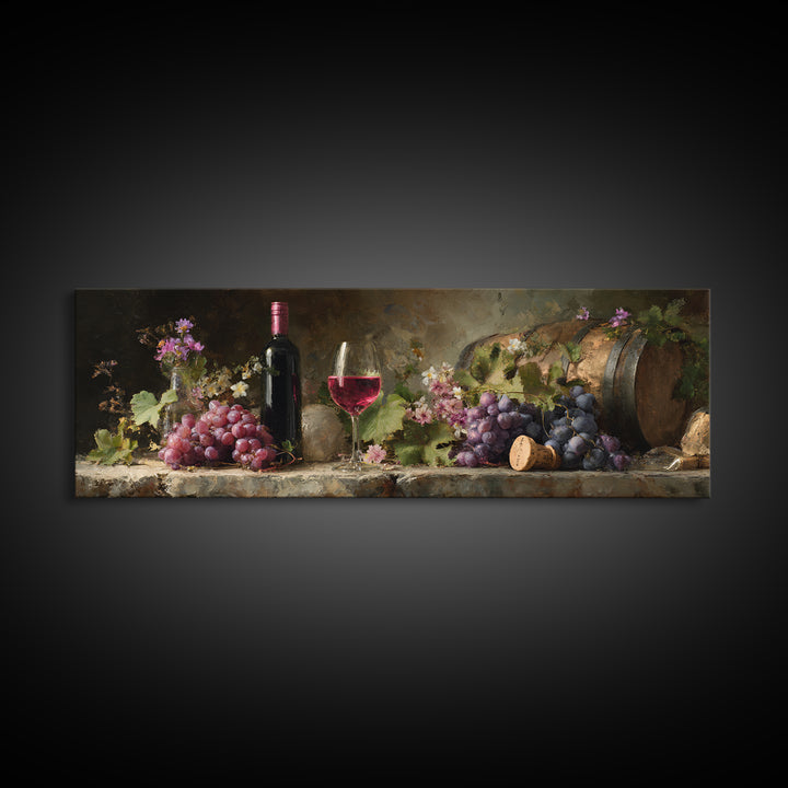 Ros Glass Beside Summer Flowers Canvas Print, Winery Art, Winery Decor, Oil Painting, Vineyard, Retro Wall Art, WIN-3x1-78