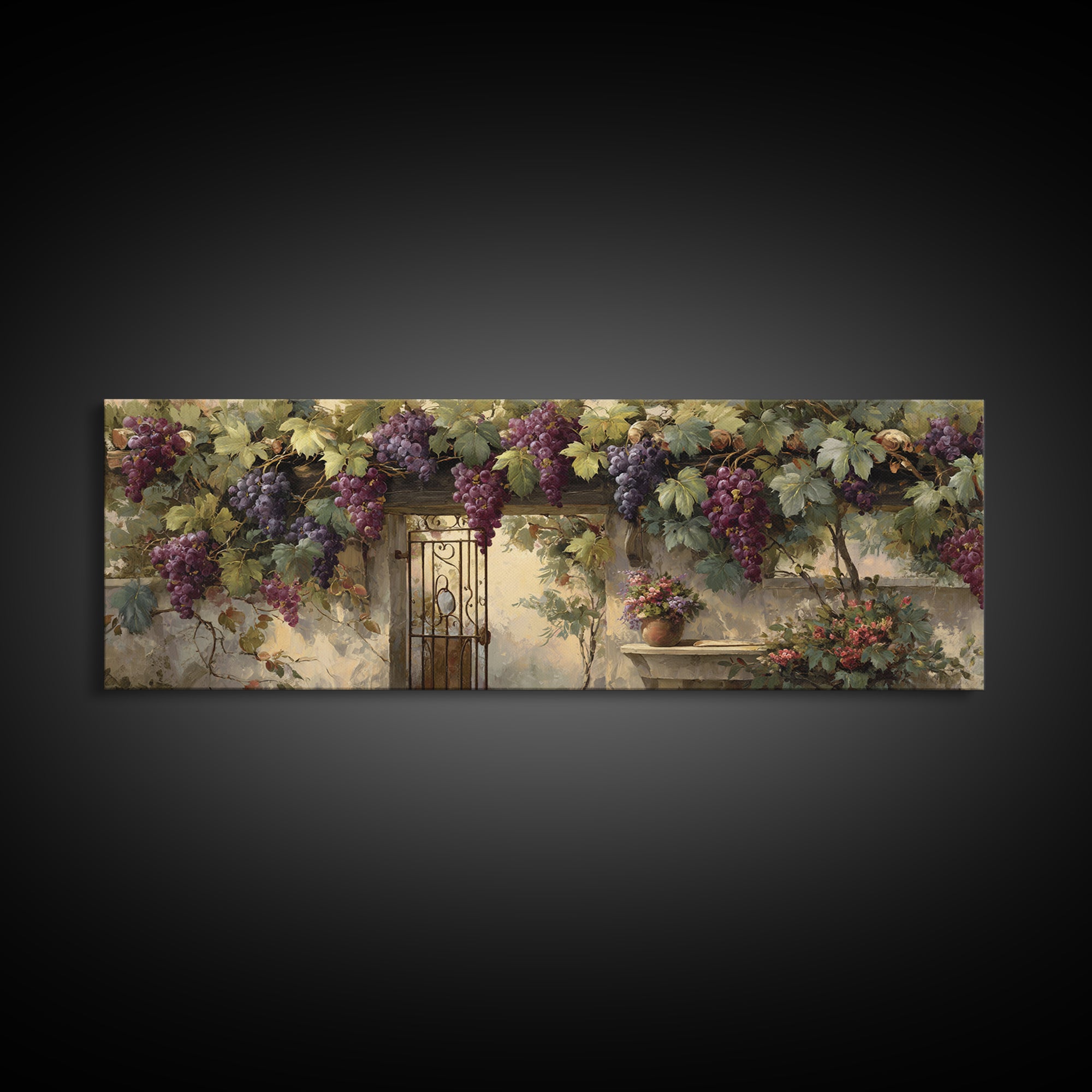 Vineyard Gate with Climbing Roses Framed Canvas Print, Winery Art, Farmhouse Decor, Winery Decor, Oil Painting, Vineyard, WIN-3x1-79