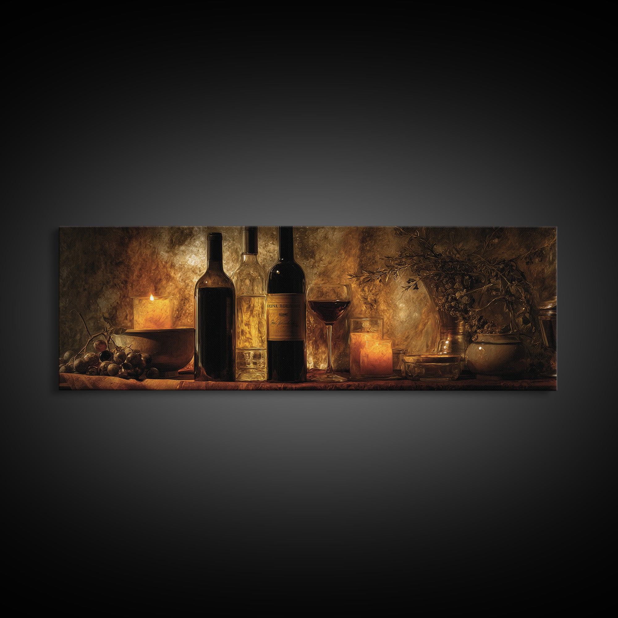 Black and Gold Wine Bottle Silhouette Canvas Print, Winery Art, Painting, Winery Decor, Fine Art, Vineyard, Living Room Decor, WIN-3x1-80