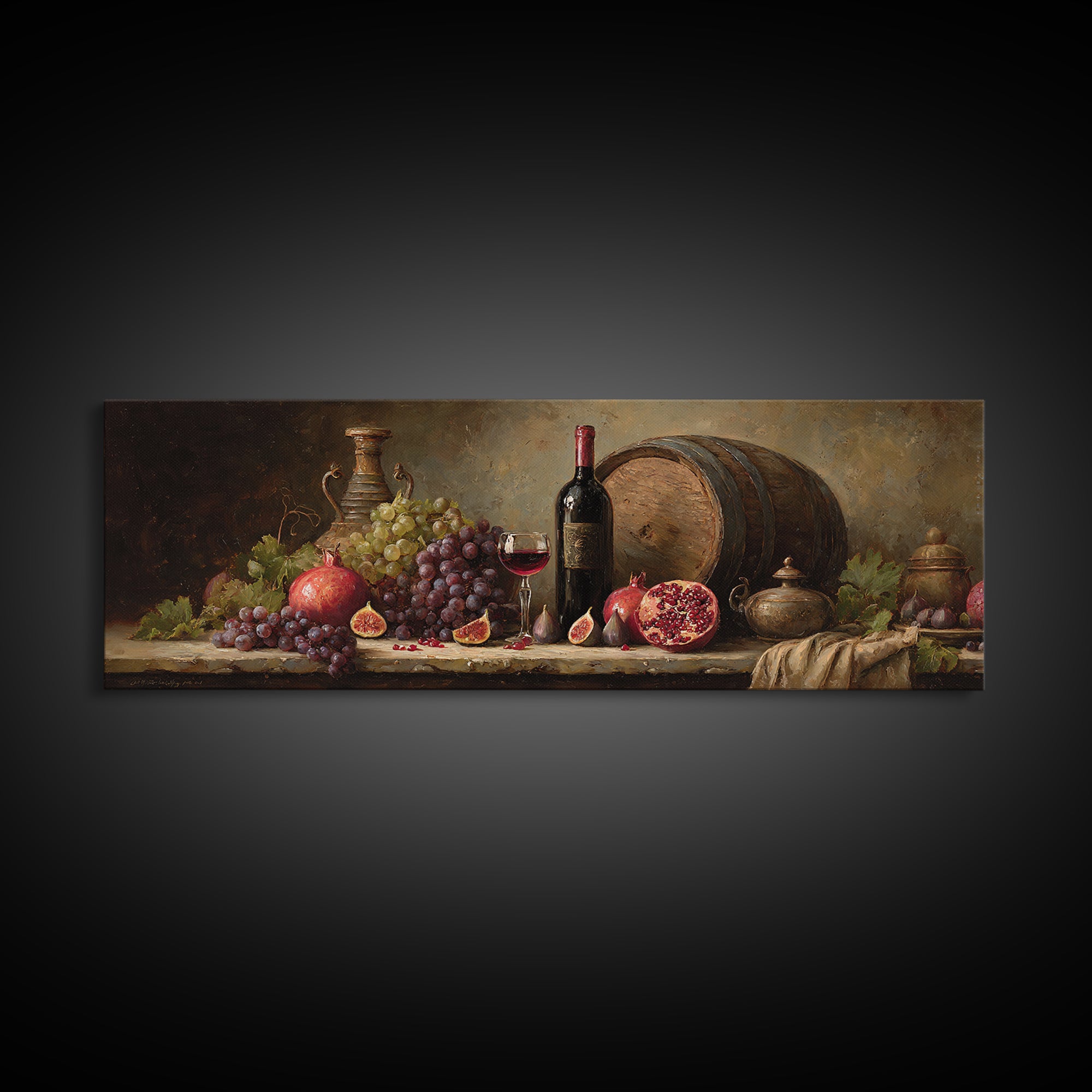 Pomegranate Figs and Red Wine Composition Framed Canvas Print, Winery Art, Living Room Art, Winery Decor, Fine Art, Vineyard, WIN-3x1-81