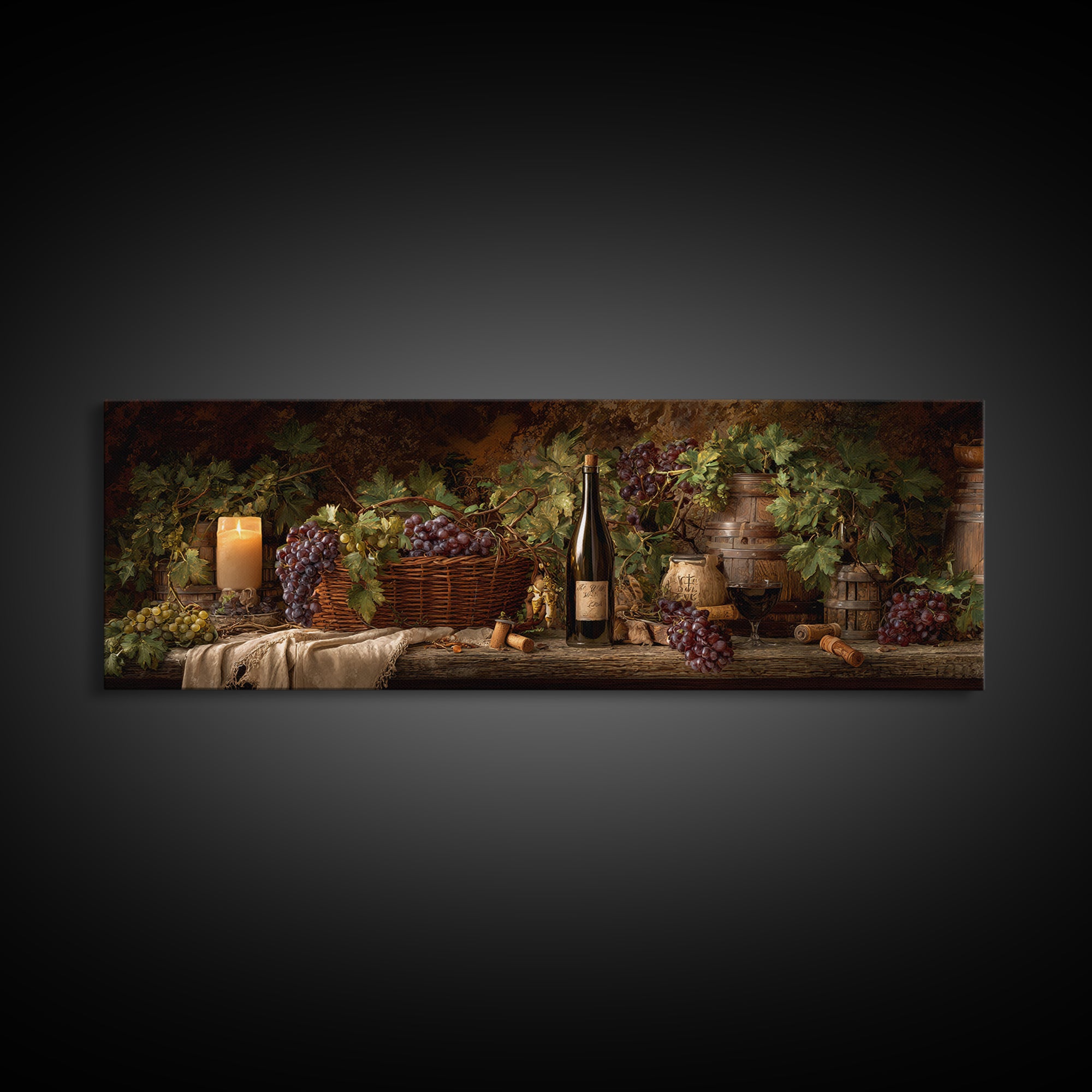Wine Harvest Basket Canvas Print, Winery Art, Kitchen Art, Winery Decor, Watercolor Art, Vineyard, Living Room Art, WIN-3x1-86