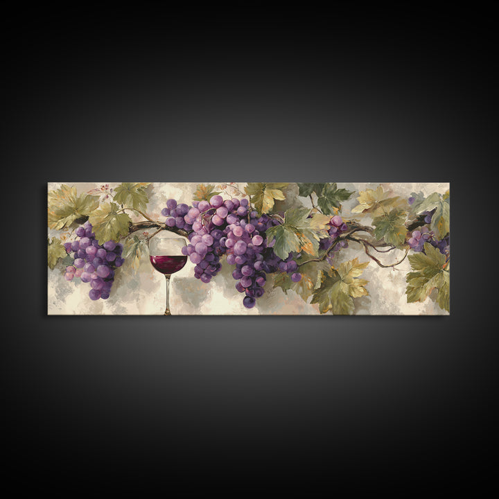 Grapevine Branch with Purple Grapes and Leaves Framed Canvas Print, Winery Art, Boho Decor, Winery Decor, Fine Art, Vineyard, WIN-3x1-89
