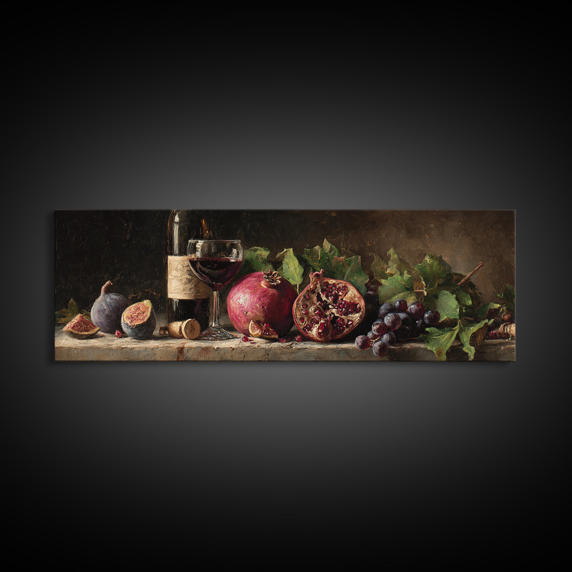 Pomegranate Figs and Red Wine Composition Framed Canvas Print, Winery Art, Living Room Decor, Winery Decor, Fine Art, Vineyard, WIN-3x1-9