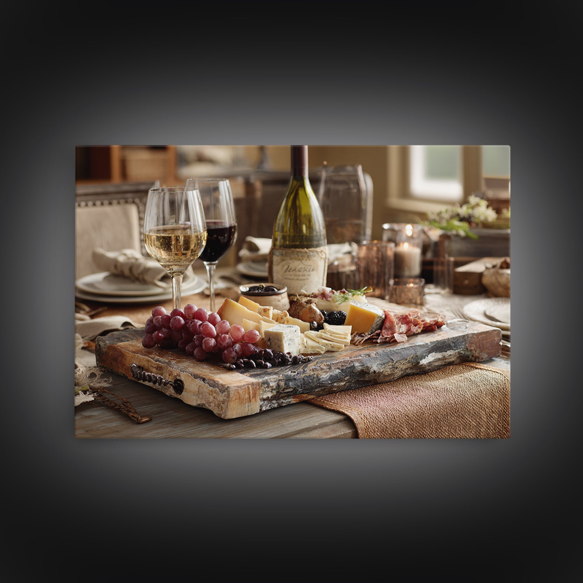 Charcuterie Board with Grapes and Cheese Canvas Print, Winery Art, Gallery Wall Art, Winery Decor, Fine Art, Vineyard, WIN-3x2-17