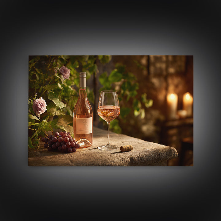 Ros Glass Beside Summer Flowers Framed Canvas Print, Winery Art, Framed Art, Winery Decor, Watercolor Art, Vineyard, WIN-3x2-18
