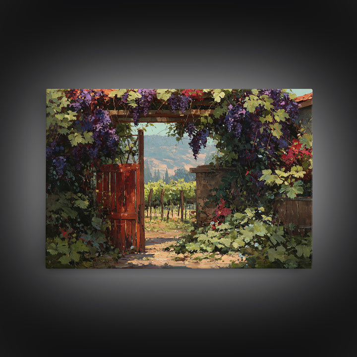 Vineyard Gate with Climbing Roses Framed Canvas Print, Winery Art, Statement Artwork, Winery Decor, Fine Art, Vineyard, WIN-3x2-19