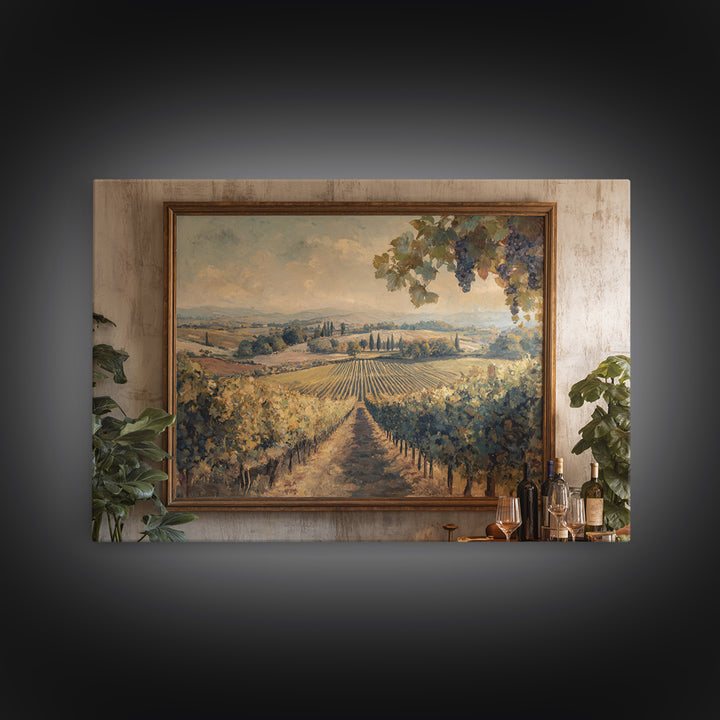 Tuscan Vineyard at Golden Hour Framed Canvas Print, Winery Art, Statement Artwork, Winery Decor, Fine Art, Vineyard, Painting, WIN-3x2-31