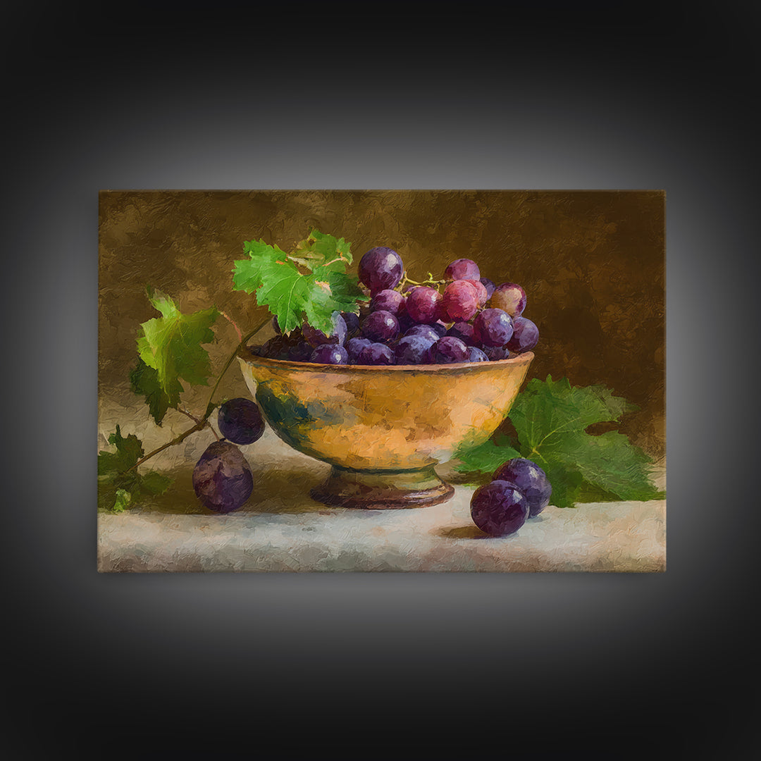 Grapes in a Ceramic Bowl with Shadows Canvas Print, Winery Art, Travel Poster, Winery Decor, Oil Painting, Vineyard, WIN-3x2-37