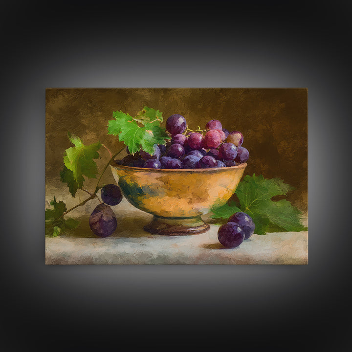 Grapes in a Ceramic Bowl with Shadows Canvas Print, Winery Art, Travel Poster, Winery Decor, Oil Painting, Vineyard, WIN-3x2-37