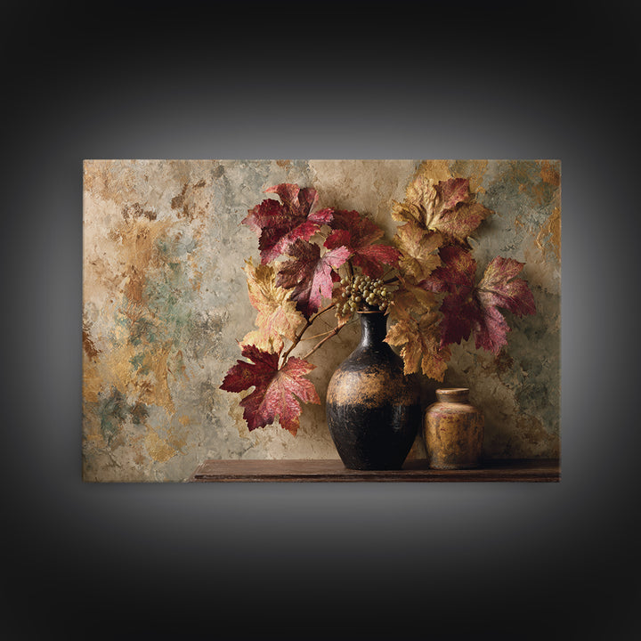 Vine Leaves Turning Autumn Red and Gold Framed Canvas Print, Winery Art, Contemporary Art, Winery Decor, Fine Art, Vineyard, WIN-3x2-39