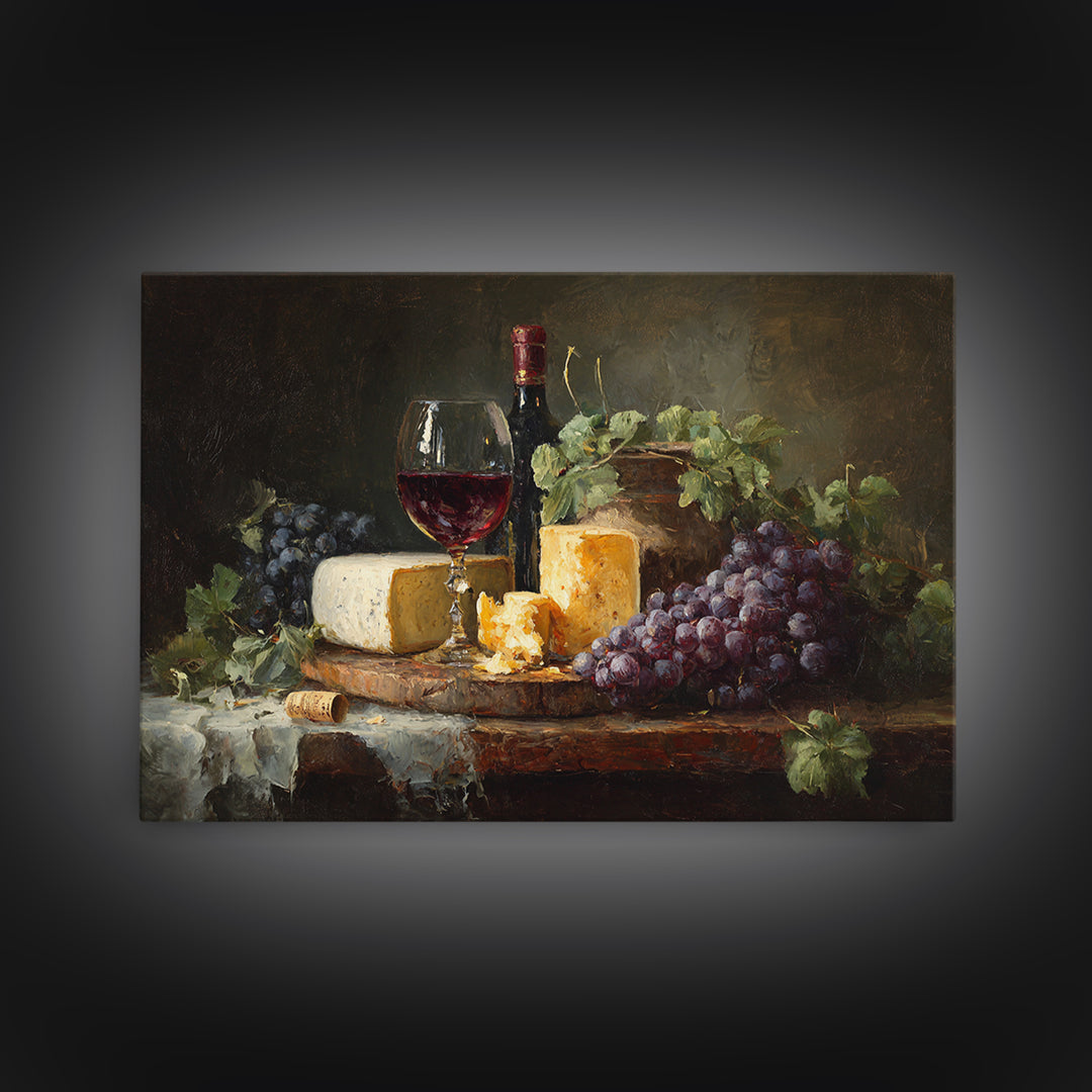Charcuterie Board with Grapes and Cheese Framed Canvas Print, Winery Art, Cocktail Wall Art, Winery Decor, Watercolor Art, WIN-3x2-41