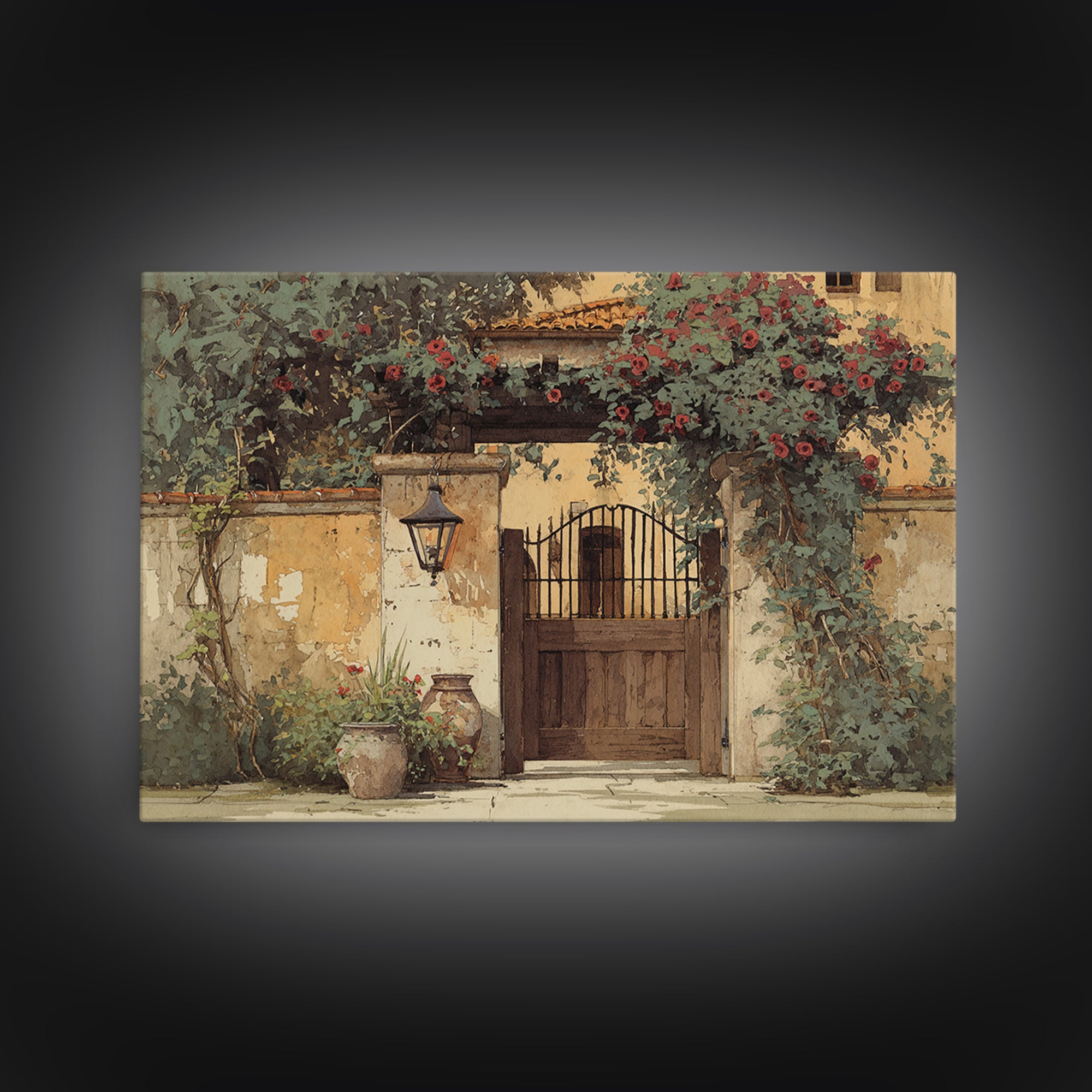 Vineyard Gate with Climbing Roses Canvas Print, Winery Art, Winery Decor, Abstract Art, Vineyard, Wall Hanging, WIN-3x2-43
