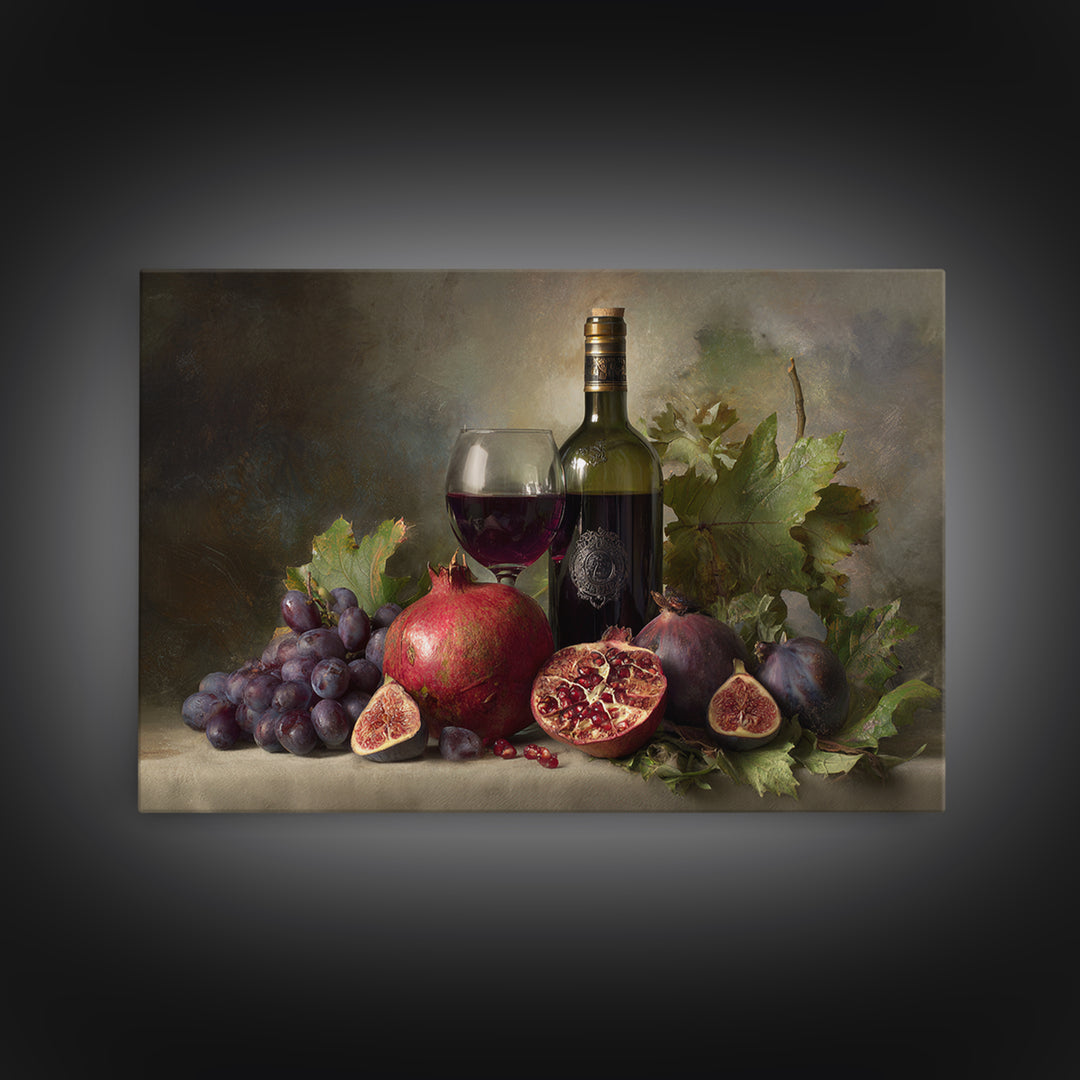 Pomegranate Figs and Red Wine Composition Framed Canvas Print, Winery Art, Gallery Decor, Winery Decor, Fine Art, Vineyard, WIN-3x2-45