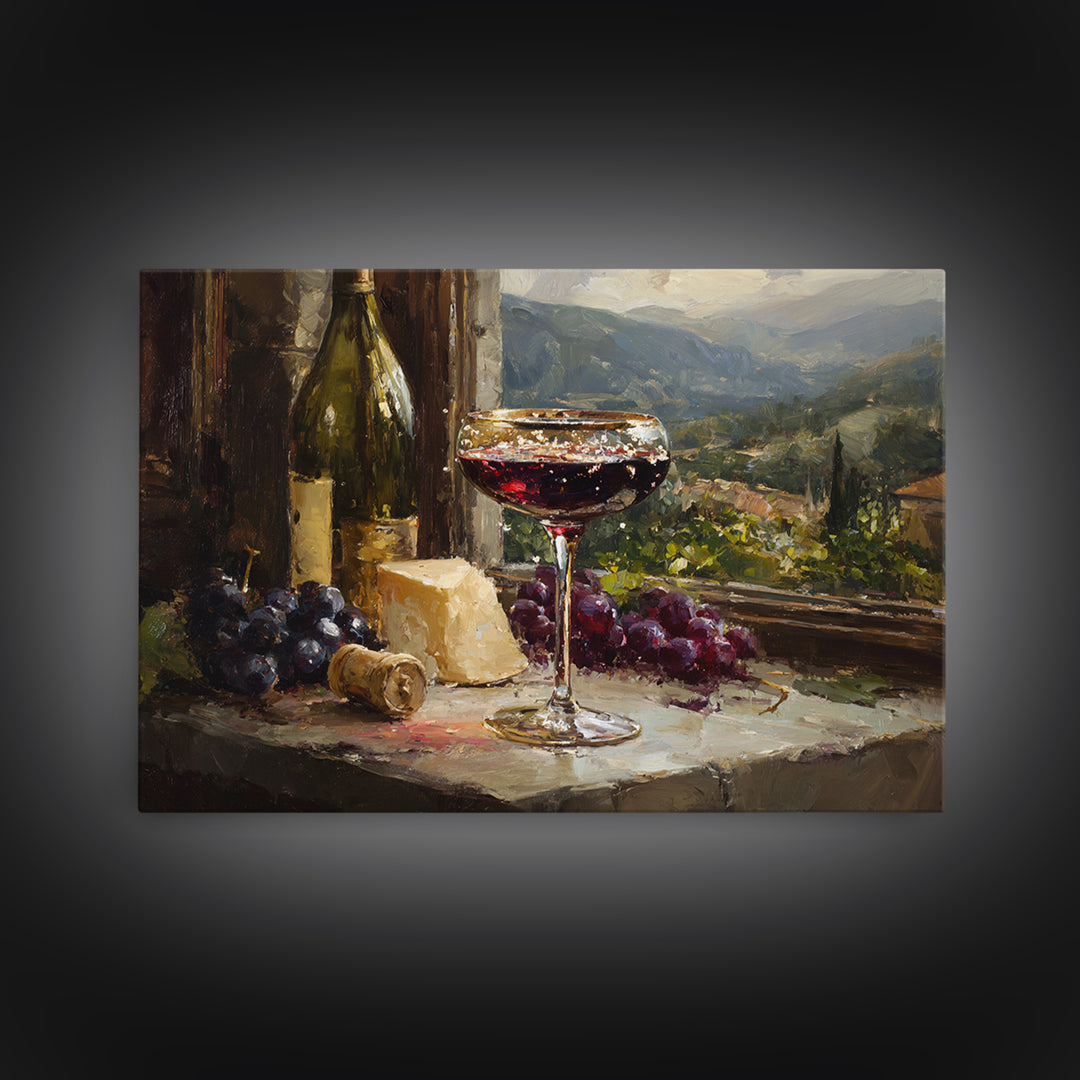 Champagne Coupe with Bubbles and Light Framed Canvas Print, Winery Art, Art Print, Winery Decor, Oil Painting, Vineyard, WIN-3x2-47