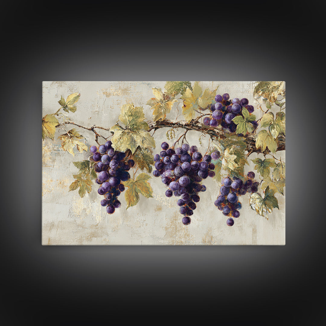 Grapevine Branch with Purple Grapes and Leaves Framed Canvas Print, Winery Art, Bar Art, Winery Decor, Oil Painting, Vineyard, WIN-3x2-5