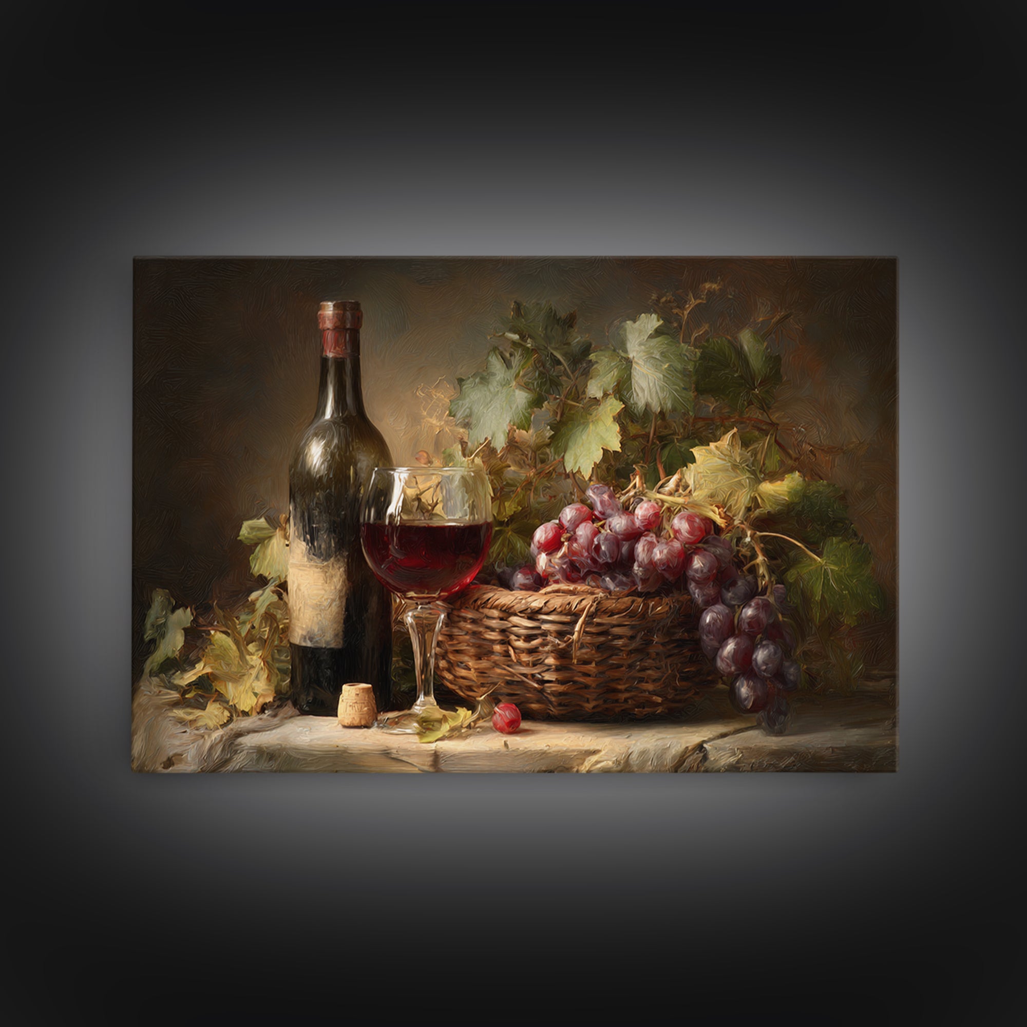 Wine Harvest Basket Framed Canvas Print, Winery Art, Kitchen Wall Decor, Winery Decor, Oil Painting, Vineyard, Fine Art Print, WIN-3x2-50