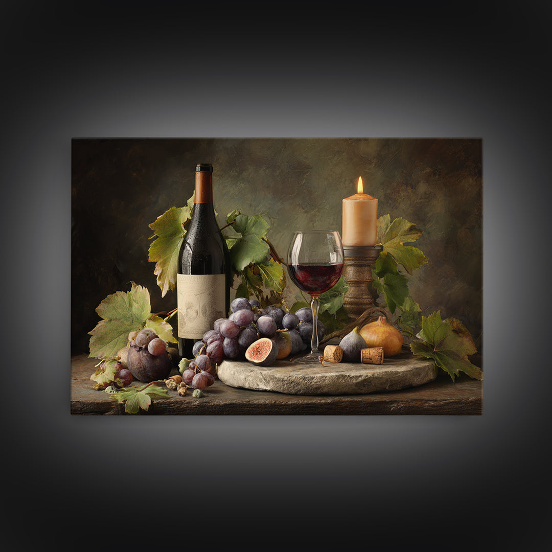 Wine Bottle and Glass Still Life Framed Canvas Print, Winery Art, Living Room Decor, Winery Decor, Fine Art, Vineyard, WIN-3x2-6