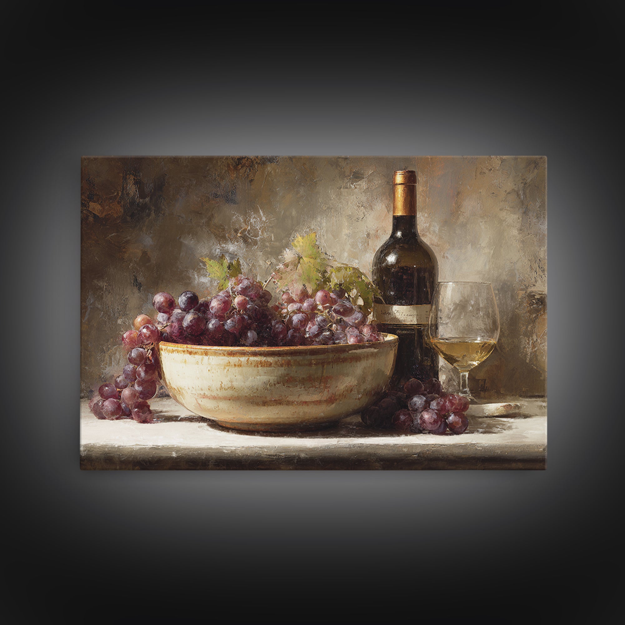 Grapes in a Ceramic Bowl with Shadows Canvas Print, Winery Art, Travel Poster, Winery Decor, Oil Painting, Vineyard, WIN-3x2-61