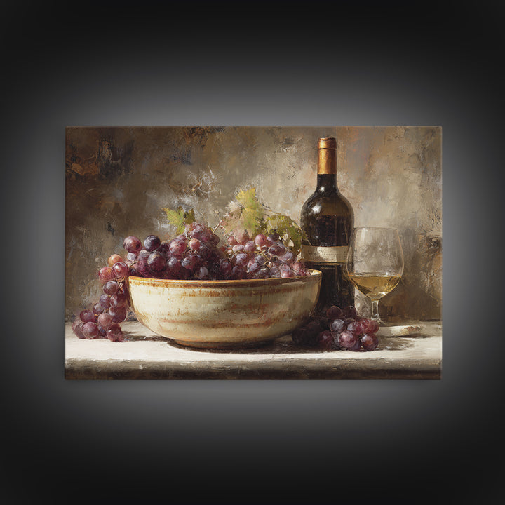 Grapes in a Ceramic Bowl with Shadows Canvas Print, Winery Art, Travel Poster, Winery Decor, Oil Painting, Vineyard, WIN-3x2-61