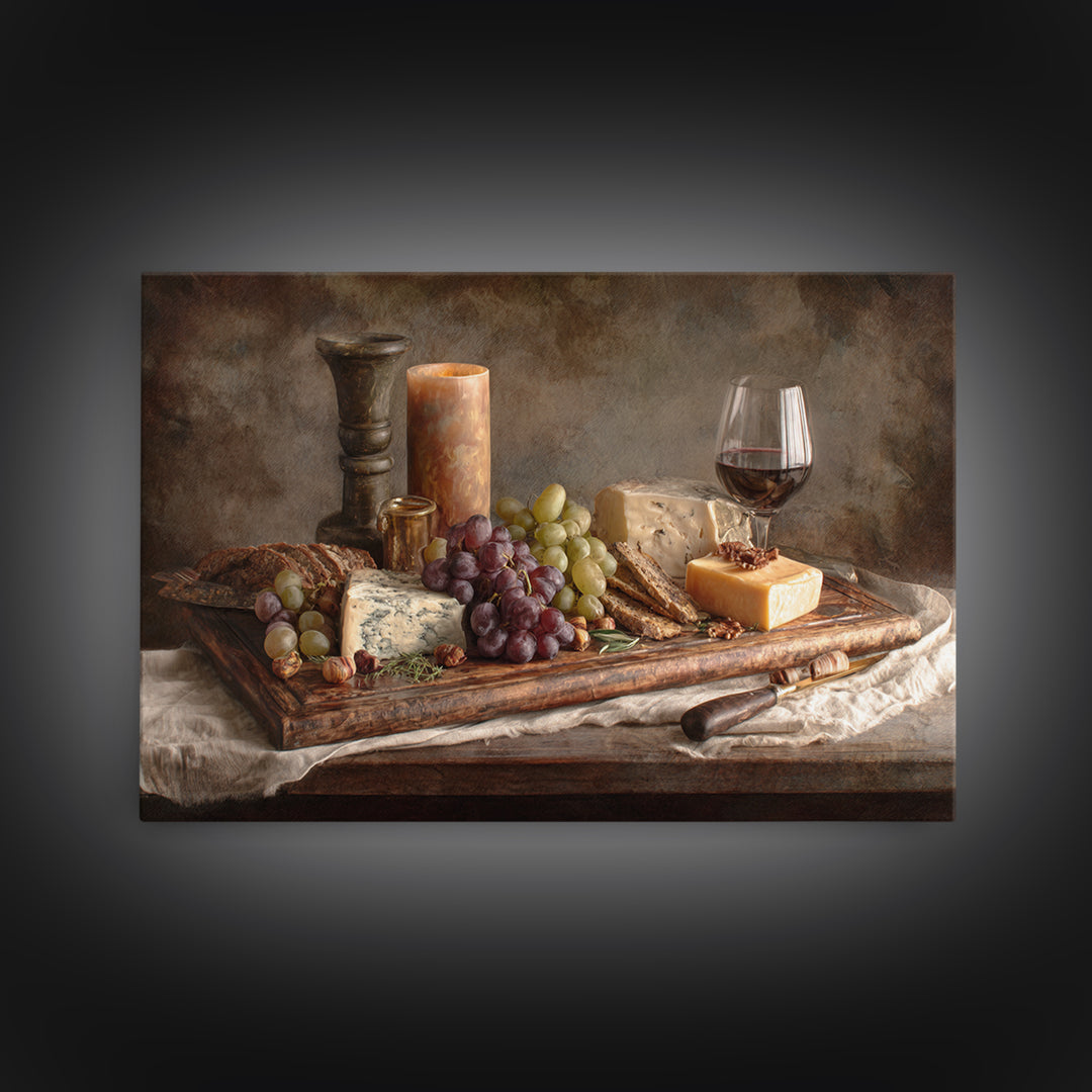 Charcuterie Board with Grapes and Cheese Framed Canvas Print, Winery Art, Cocktail Wall Art, Winery Decor, Watercolor Art, WIN-3x2-65