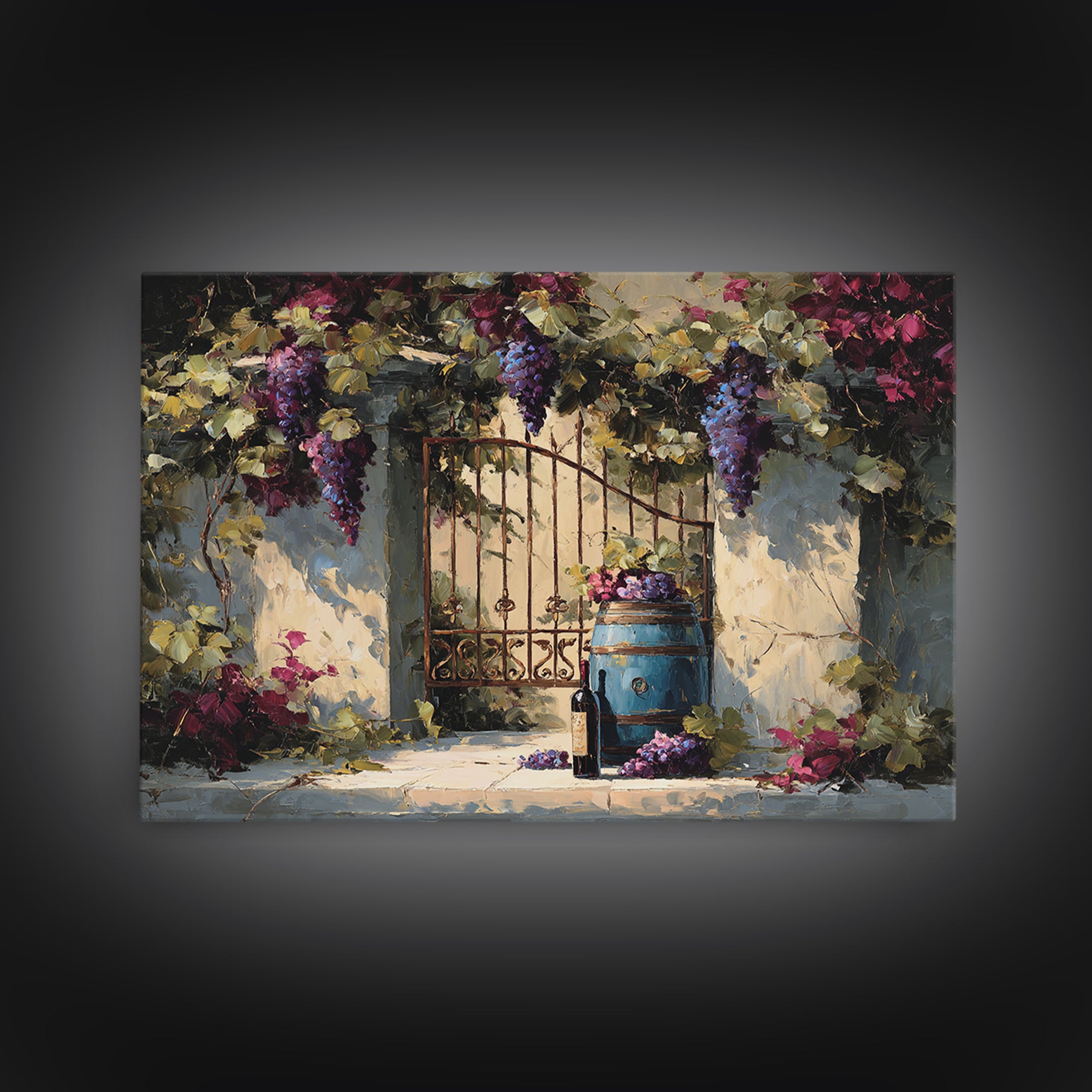 Vineyard Gate with Climbing Roses Canvas Print, Winery Art, Oil Painting, Winery Decor, Watercolor Art, Vineyard, WIN-3x2-67
