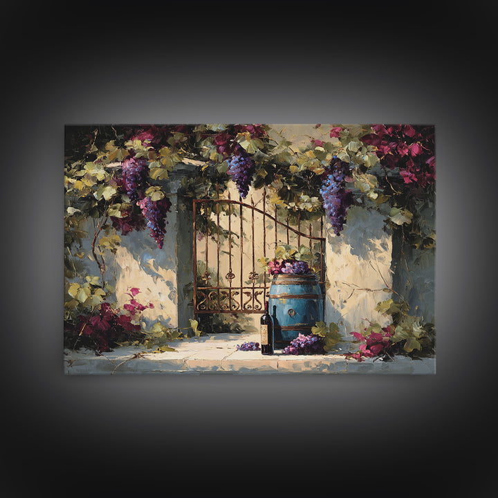 Vineyard Gate with Climbing Roses Canvas Print, Winery Art, Oil Painting, Winery Decor, Watercolor Art, Vineyard, WIN-3x2-67