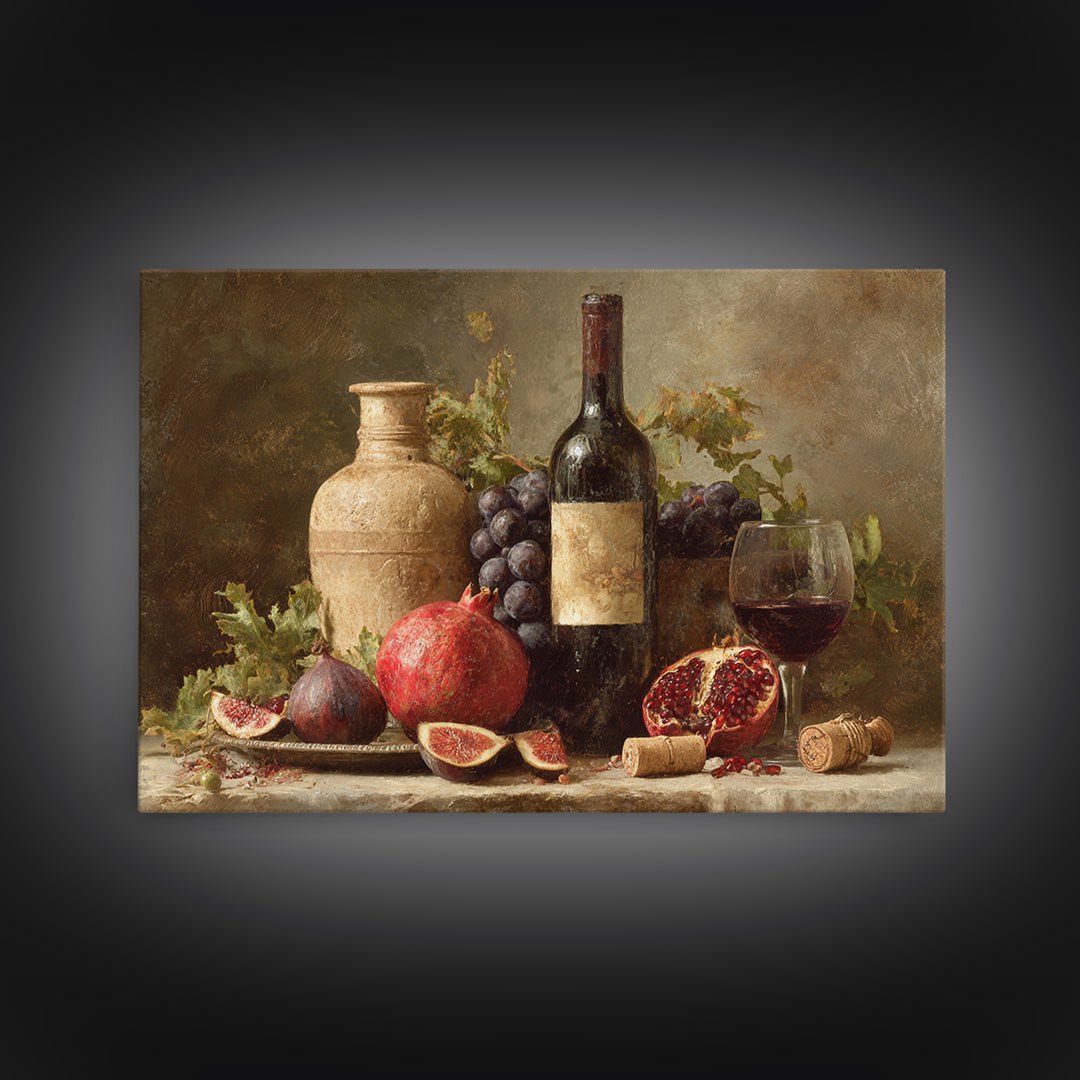 Pomegranate Figs and Red Wine Composition Framed Canvas Print, Winery Art, Gallery Decor, Winery Decor, Fine Art, Vineyard, WIN-3x2-69