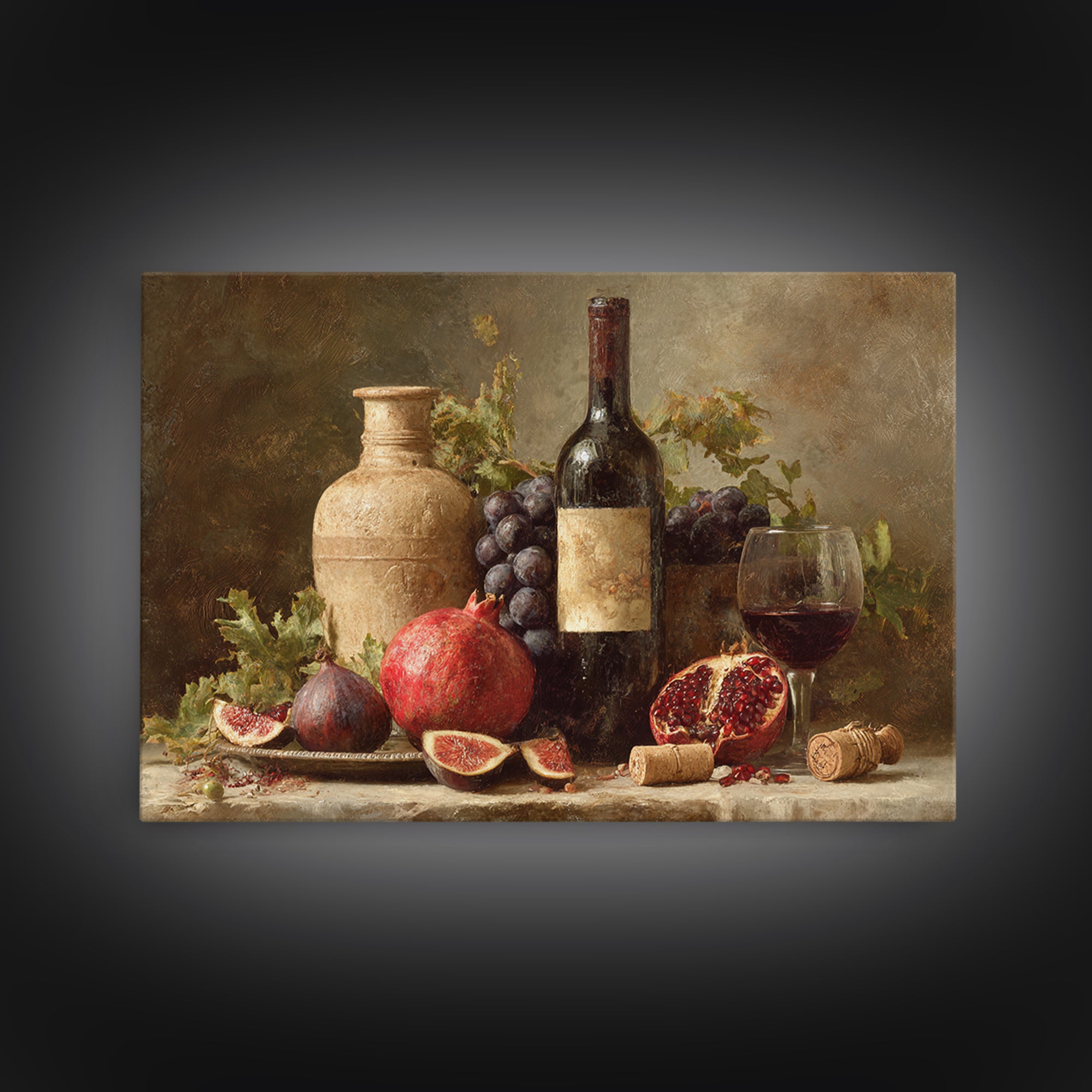 Pomegranate Figs and Red Wine Composition Framed Canvas Print, Winery Art, Gallery Decor, Winery Decor, Fine Art, Vineyard, WIN-3x2-69