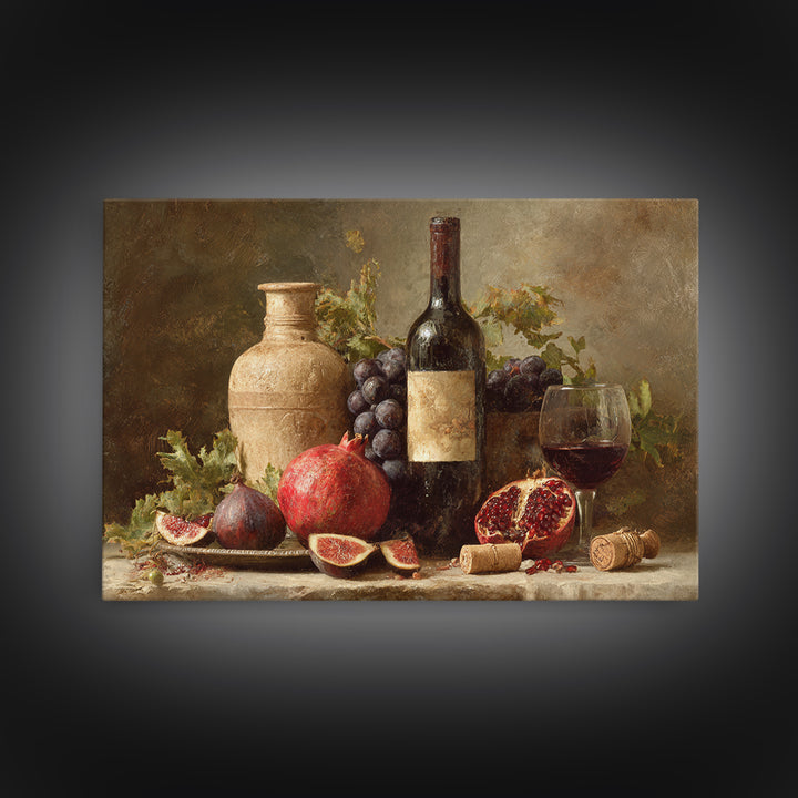 Pomegranate Figs and Red Wine Composition Framed Canvas Print, Winery Art, Gallery Decor, Winery Decor, Fine Art, Vineyard, WIN-3x2-69