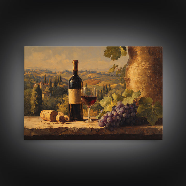 Tuscan Vineyard at Golden Hour Framed Canvas Print, Winery Art, Kitchen Decor, Winery Decor, Abstract Art, Vineyard, WIN-3x2-7