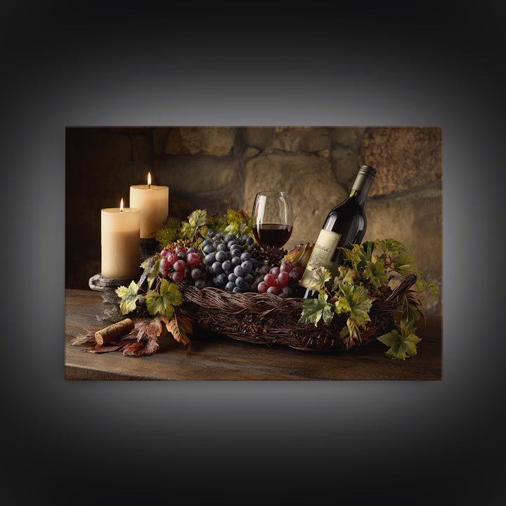 Wine Harvest Basket Framed Canvas Print, Winery Art, Kitchen Wall Decor, Winery Decor, Oil Painting, Vineyard, Fine Art Print, WIN-3x2-74