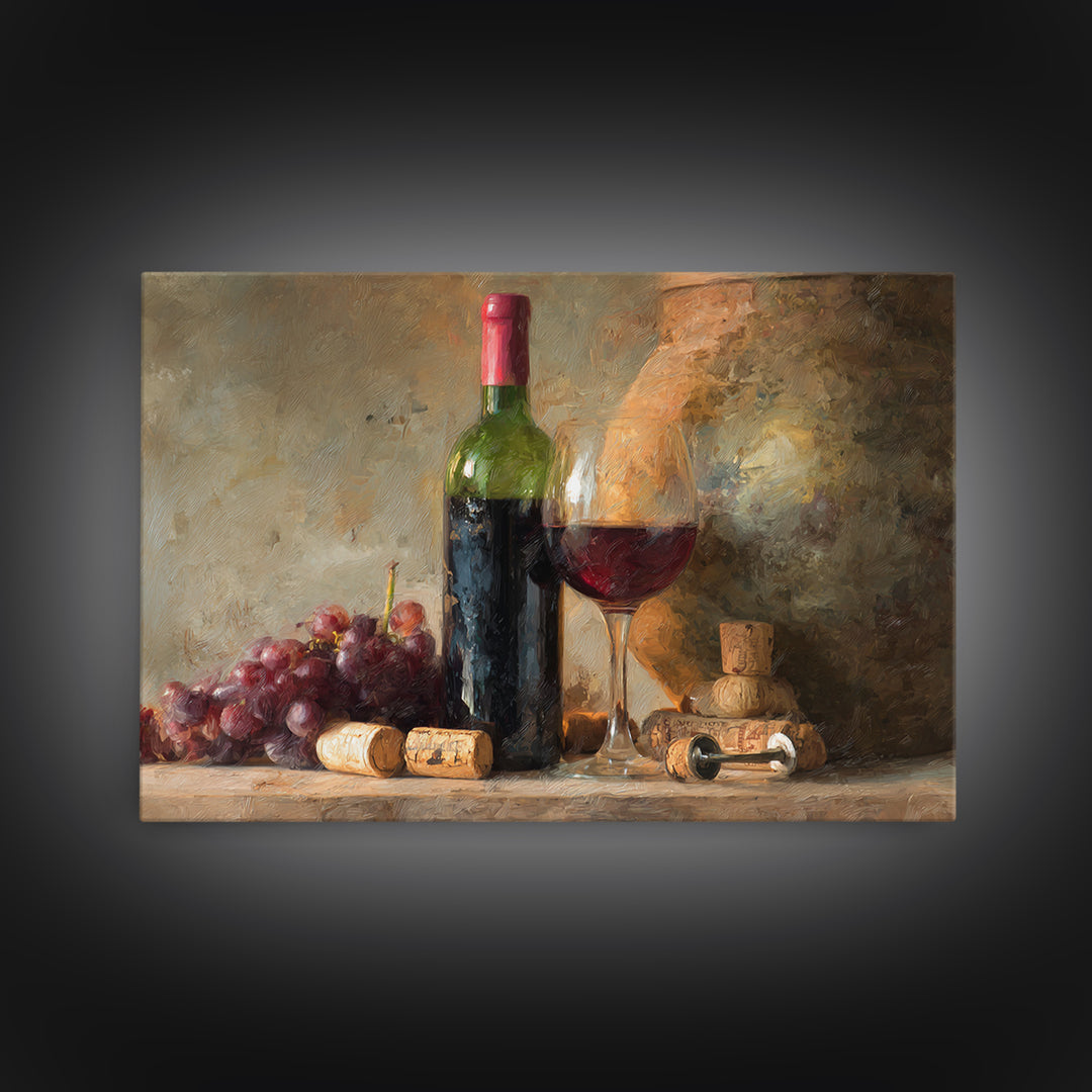Corkscrew and Corks on Rustic Wood Framed Canvas Print, Winery Art, Kitchen Wall Decor, Winery Decor, Oil Painting, Vineyard, WIN-3x2-8