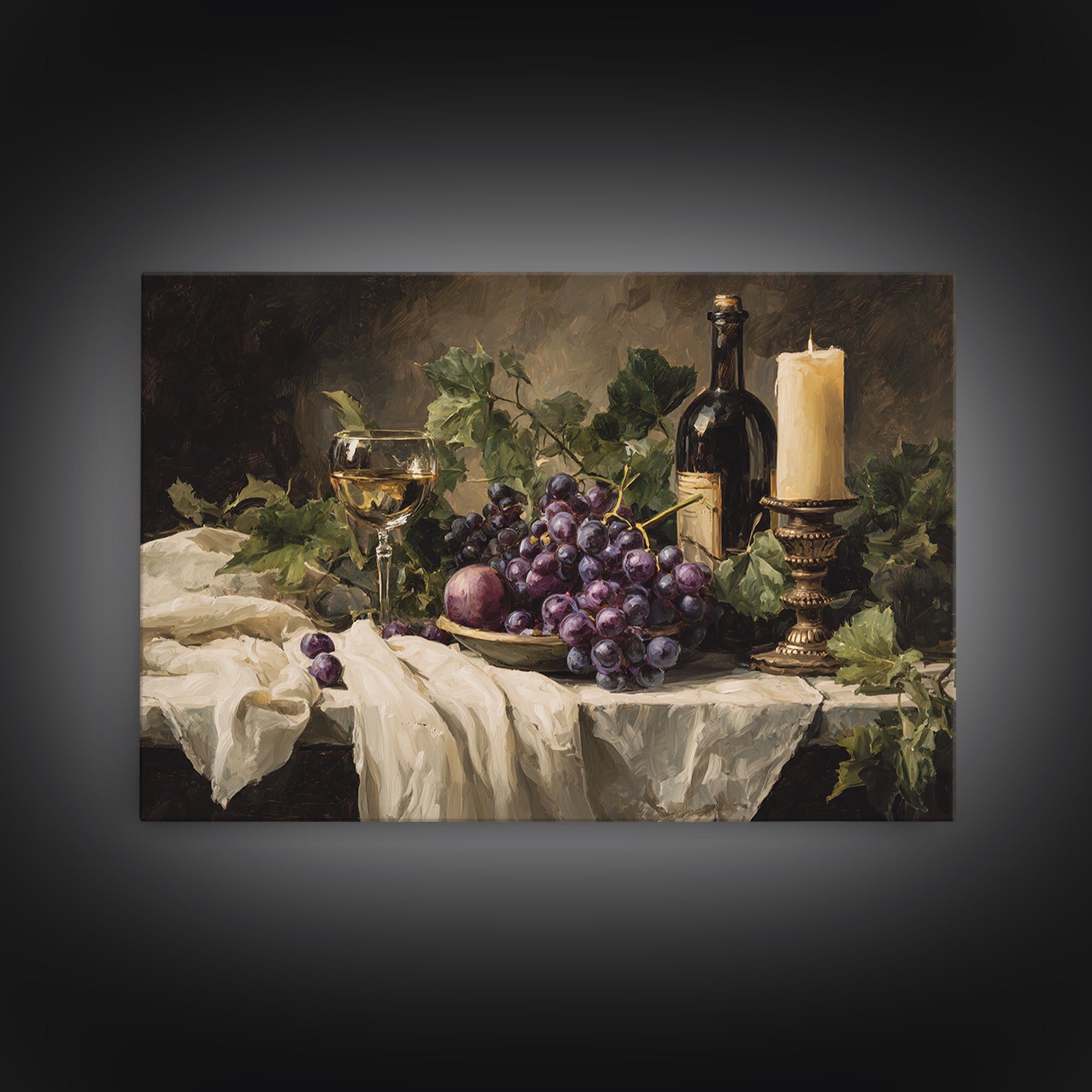 Champagne Grapes and White Linen Still Life Framed Canvas Print, Winery Art, Fine Art Print, Winery Decor, Abstract Art, WIN-3x2-81
