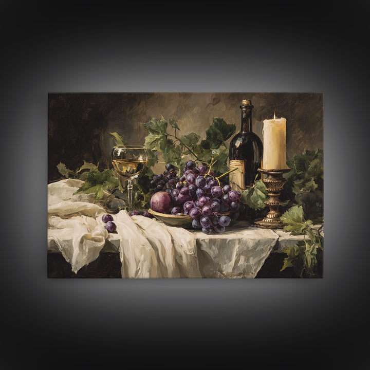 Champagne Grapes and White Linen Still Life Framed Canvas Print, Winery Art, Fine Art Print, Winery Decor, Abstract Art, WIN-3x2-81
