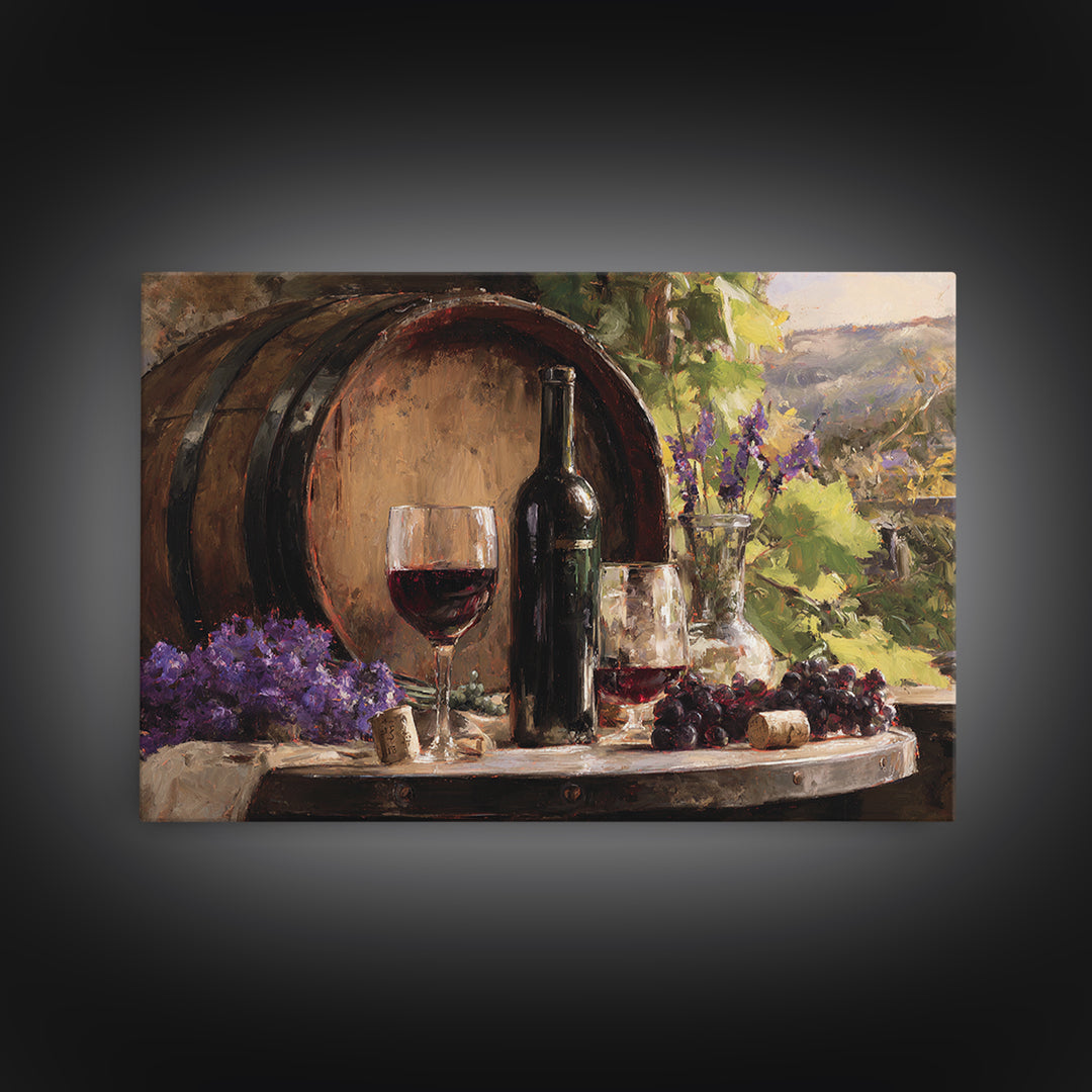 Wine Barrel with Lavender and Sunlight Framed Canvas Print, Winery Art, Travel Poster, Winery Decor, Oil Painting, Vineyard, WIN-3x2-82