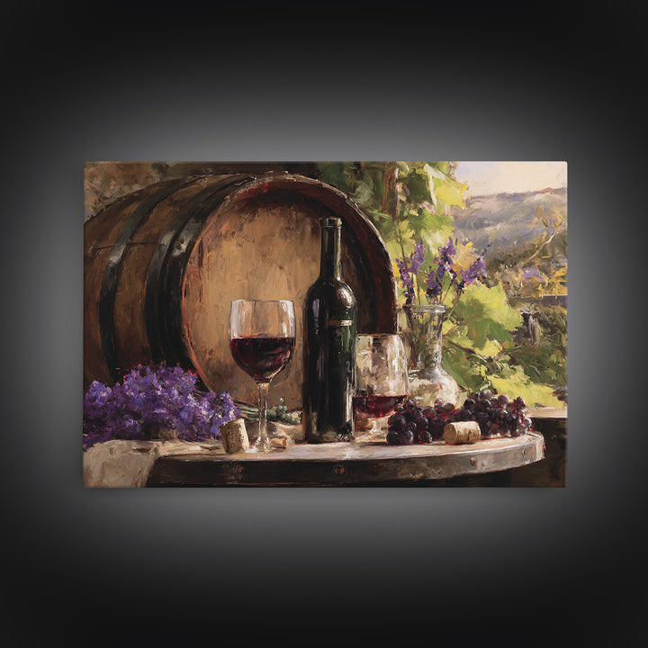 Wine Barrel with Lavender and Sunlight Framed Canvas Print, Winery Art, Travel Poster, Winery Decor, Oil Painting, Vineyard, WIN-3x2-82