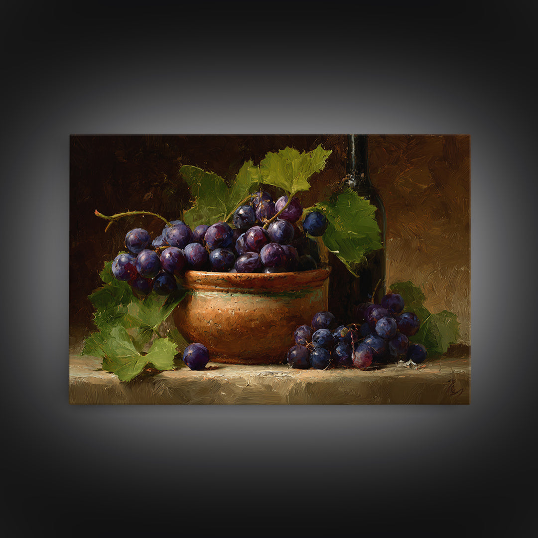 Grapes in a Ceramic Bowl with Shadows Framed Canvas Print, Winery Art, Statement Artwork, Winery Decor, Fine Art, Vineyard, WIN-3x2-85