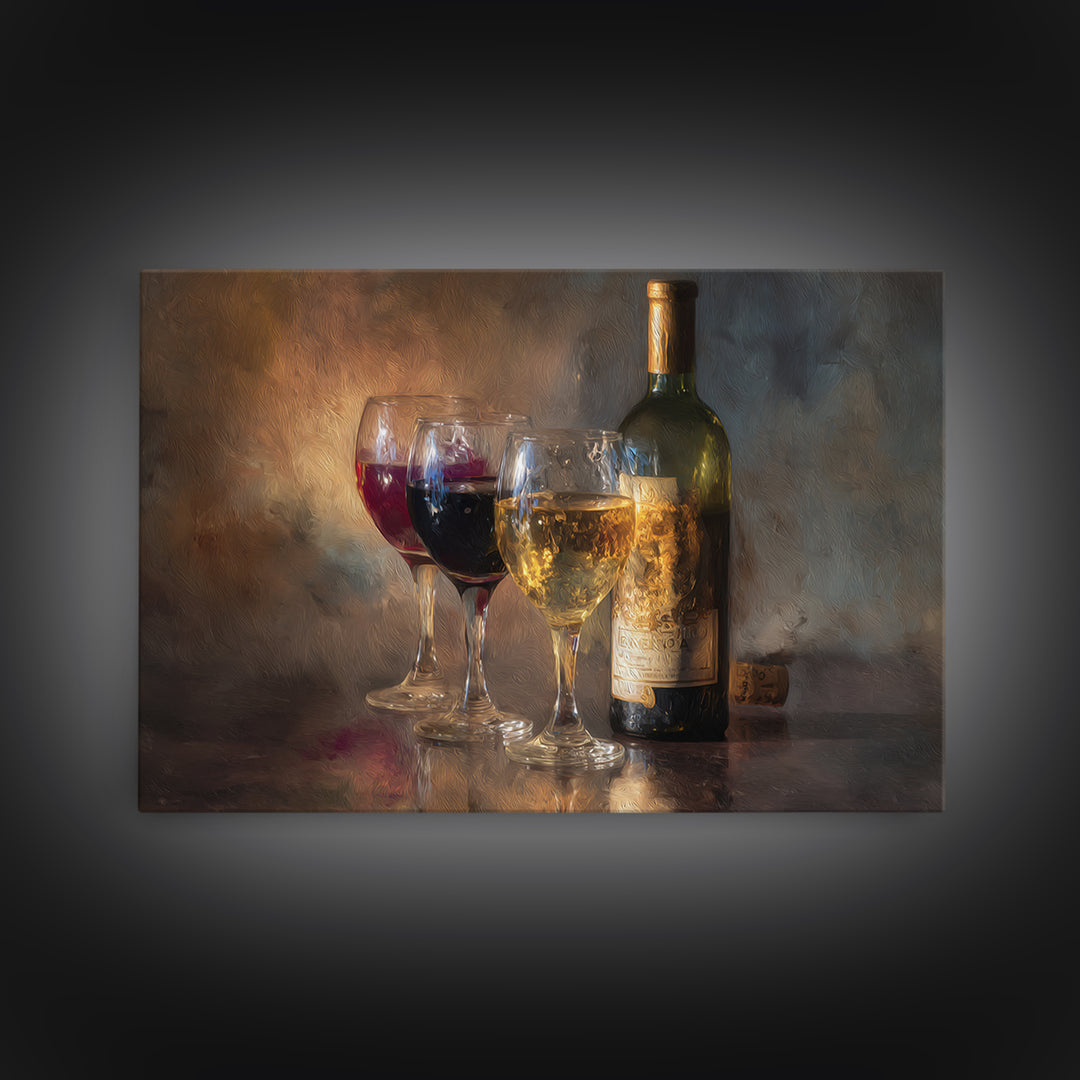 Wine Tasting Flight Rendered as Elegant Still Framed Canvas Print, Winery Art, Gallery Wall Art, Winery Decor, Vineyard, WIN-3x2-86