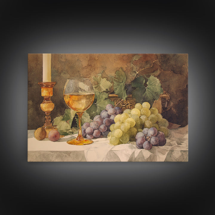 Champagne Grapes and White Linen Still Life Framed Canvas Print, Winery Art, Preppy Wall Art, Winery Decor, Fine Art, Vineyard, WIN-3x2-9