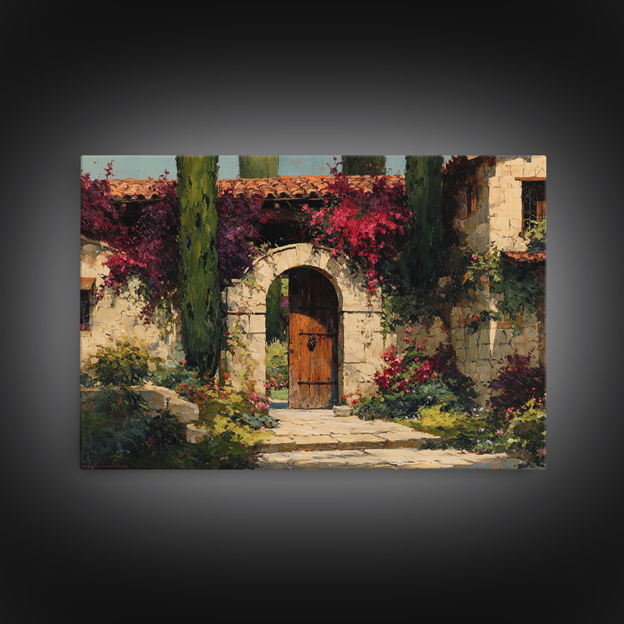Vineyard Gate with Climbing Roses Framed Canvas Print, Winery Art, Farmhouse Decor, Winery Decor, Oil Painting, Vineyard, WIN-3x2-91